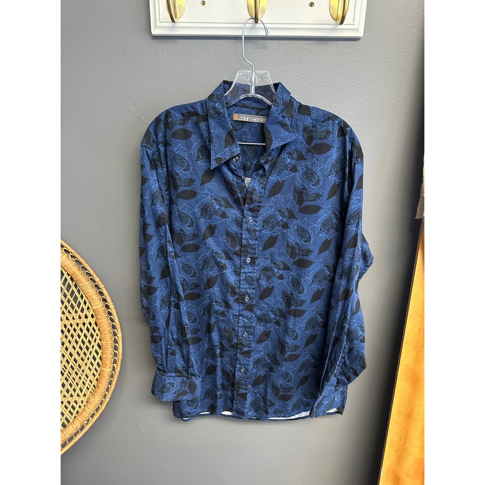 John Henry Mens Large Blue Black Paisley Leaf Print Cotton Button‎ Down Shirt